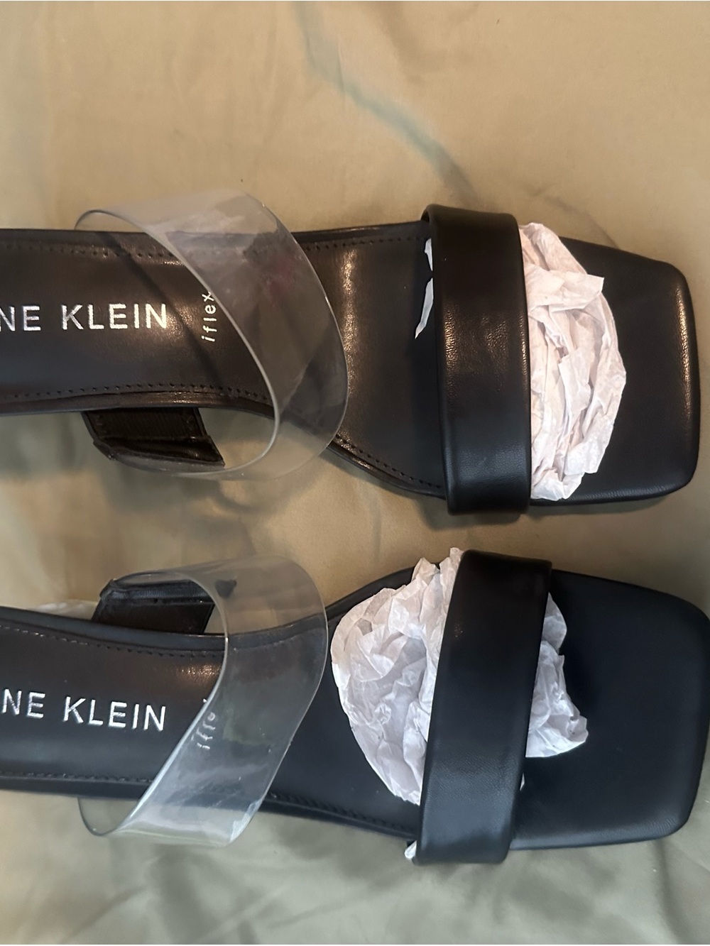 Anne Klein Black Square Toe Slide Sandals with Clear Strap Accent